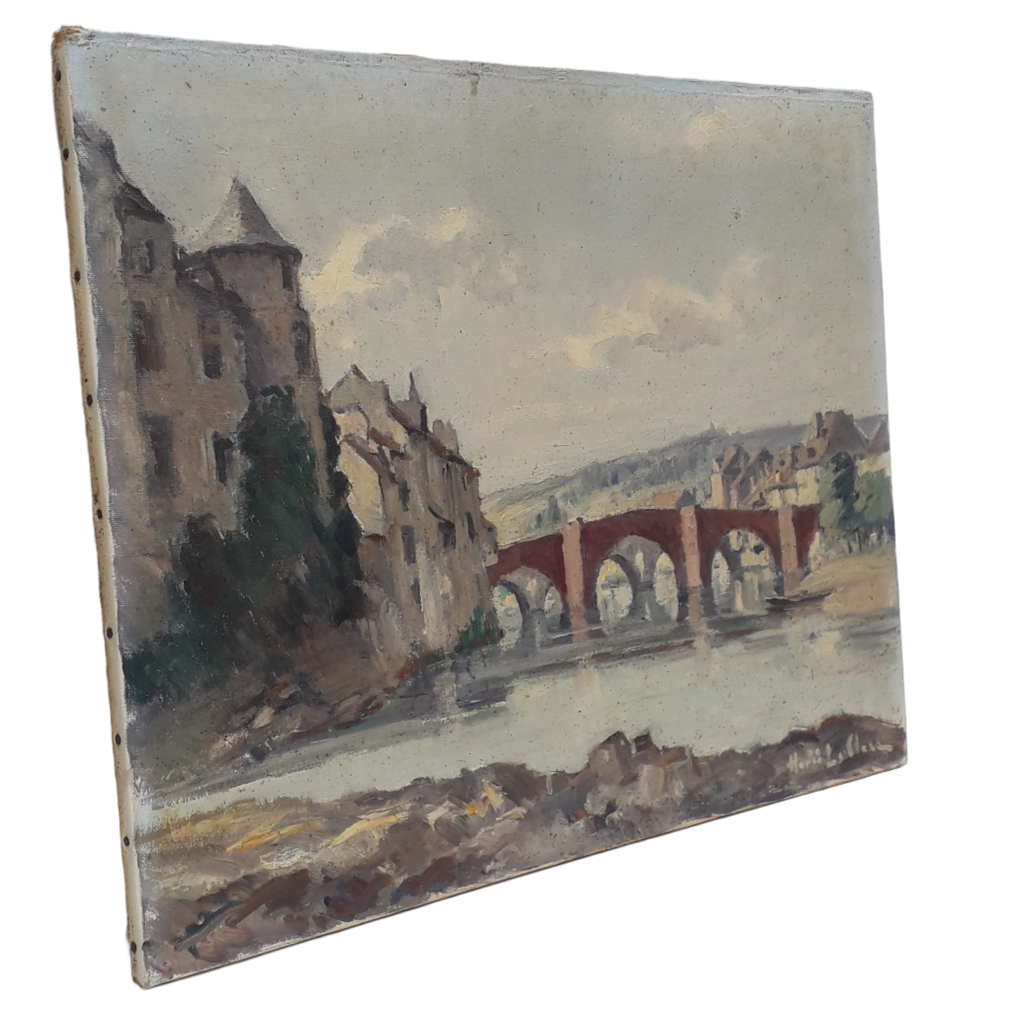 An exciting find and truly fabulous French vintage/antique oil painting depicting the old bridges of Espalion, Aveyron in France. The painting is signed Henri Le Clerc. Stretched canvas on wooden frame; to the rear on the wooden stretcher in very faded pencil is the location - my google search bought up a current view of this scene and little has changed. There is no date, although I guesstimate this painting to have been created in the early to mid 20th century.