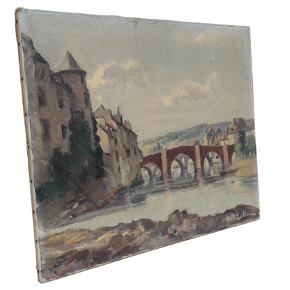 An exciting find and truly fabulous French vintage/antique oil painting depicting the old bridges of Espalion, Aveyron in France. The painting is signed Henri Le Clerc. Stretched canvas on wooden frame; to the rear on the wooden stretcher in very faded pencil is the location - my google search bought up a current view of this scene and little has changed. There is no date, although I guesstimate this painting to have been created in the early to mid 20th century.