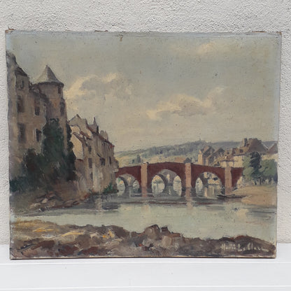An exciting find and truly fabulous French vintage/antique oil painting depicting the old bridges of Espalion, Aveyron in France. The painting is signed Henri Le Clerc. Stretched canvas on wooden frame; to the rear on the wooden stretcher in very faded pencil is the location - my google search bought up a current view of this scene and little has changed. There is no date, although I guesstimate this painting to have been created in the early to mid 20th century.