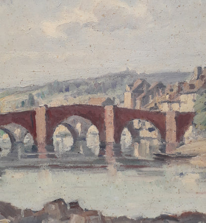 An exciting find and truly fabulous French vintage/antique oil painting depicting the old bridges of Espalion, Aveyron in France. The painting is signed Henri Le Clerc. Stretched canvas on wooden frame; to the rear on the wooden stretcher in very faded pencil is the location - my google search bought up a current view of this scene and little has changed. There is no date, although I guesstimate this painting to have been created in the early to mid 20th century.