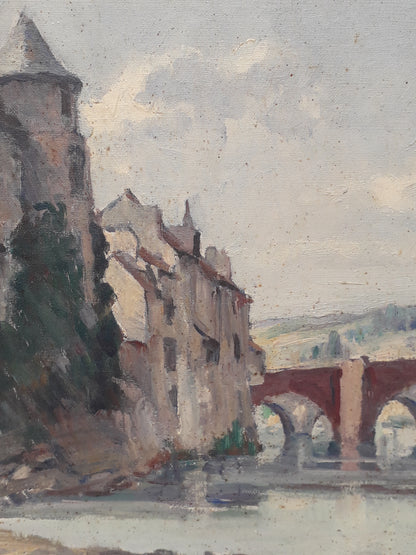 An exciting find and truly fabulous French vintage/antique oil painting depicting the old bridges of Espalion, Aveyron in France. The painting is signed Henri Le Clerc. Stretched canvas on wooden frame; to the rear on the wooden stretcher in very faded pencil is the location - my google search bought up a current view of this scene and little has changed. There is no date, although I guesstimate this painting to have been created in the early to mid 20th century.