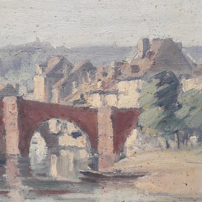 An exciting find and truly fabulous French vintage/antique oil painting depicting the old bridges of Espalion, Aveyron in France. The painting is signed Henri Le Clerc. Stretched canvas on wooden frame; to the rear on the wooden stretcher in very faded pencil is the location - my google search bought up a current view of this scene and little has changed. There is no date, although I guesstimate this painting to have been created in the early to mid 20th century.