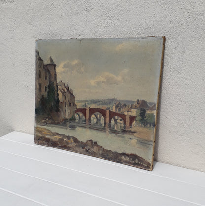 An exciting find and truly fabulous French vintage/antique oil painting depicting the old bridges of Espalion, Aveyron in France. The painting is signed Henri Le Clerc. Stretched canvas on wooden frame; to the rear on the wooden stretcher in very faded pencil is the location - my google search bought up a current view of this scene and little has changed. There is no date, although I guesstimate this painting to have been created in the early to mid 20th century.