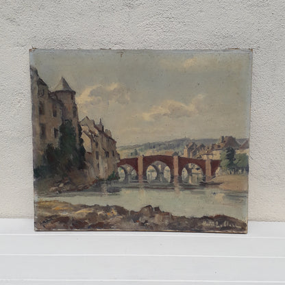 An exciting find and truly fabulous French vintage/antique oil painting depicting the old bridges of Espalion, Aveyron in France. The painting is signed Henri Le Clerc. Stretched canvas on wooden frame; to the rear on the wooden stretcher in very faded pencil is the location - my google search bought up a current view of this scene and little has changed. There is no date, although I guesstimate this painting to have been created in the early to mid 20th century.