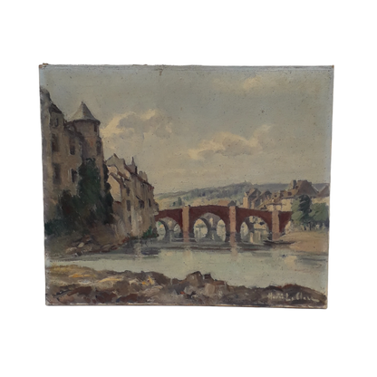 An exciting find and truly fabulous French vintage/antique oil painting depicting the old bridges of Espalion, Aveyron in France. The painting is signed Henri Le Clerc. Stretched canvas on wooden frame; to the rear on the wooden stretcher in very faded pencil is the location - my google search bought up a current view of this scene and little has changed. There is no date, although I guesstimate this painting to have been created in the early to mid 20th century.