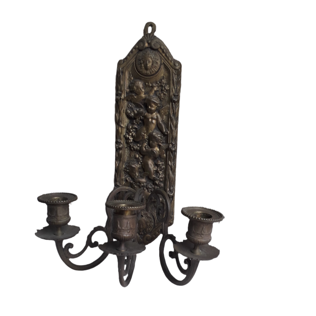 Antique wall mounted bronze candle holder with cherubs, French antique candle sconce