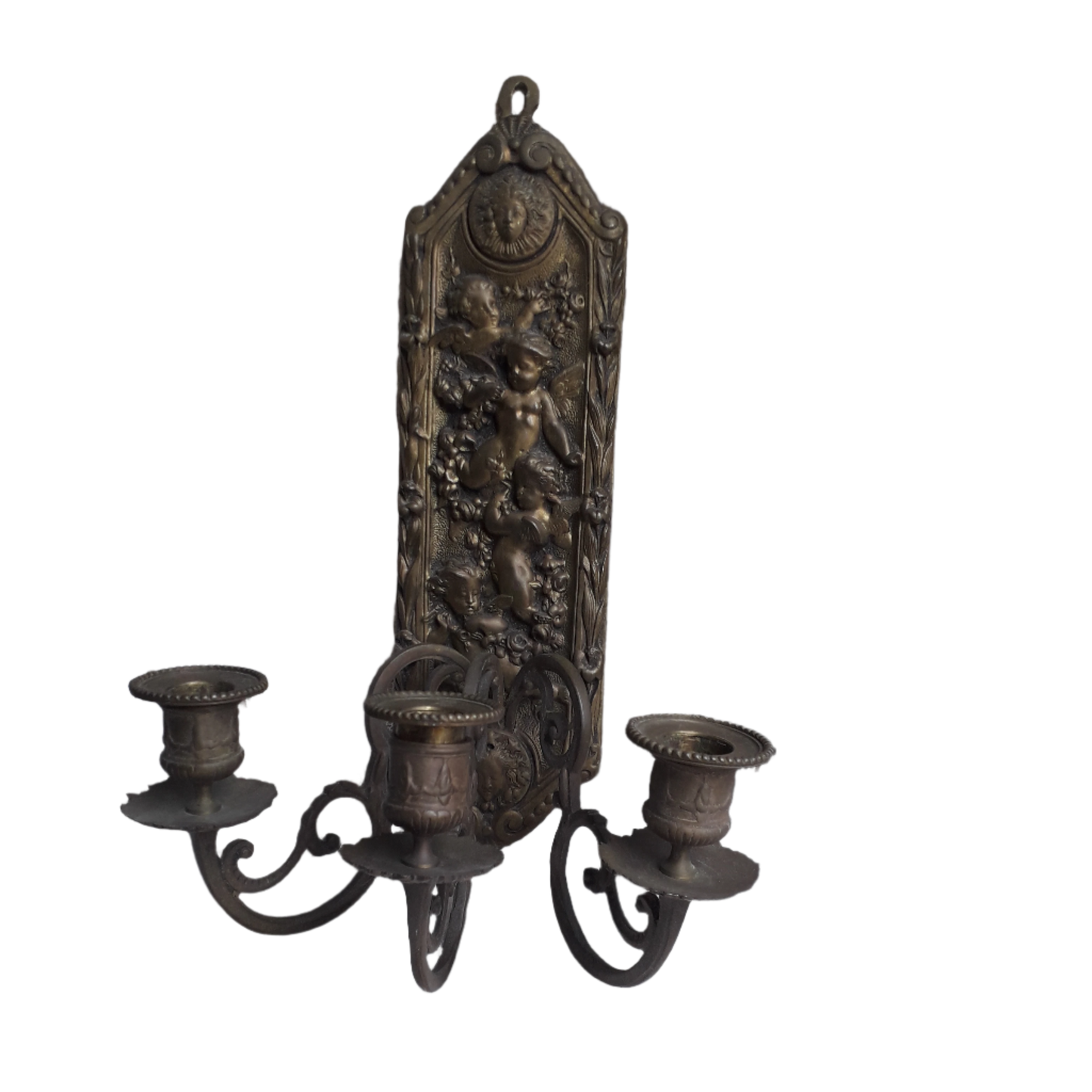 Antique wall mounted bronze candle holder with cherubs, French antique candle sconce