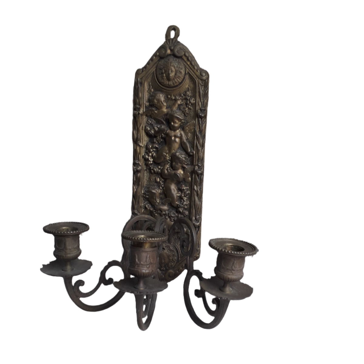 Antique wall mounted bronze candle holder with cherubs, French antique candle sconce