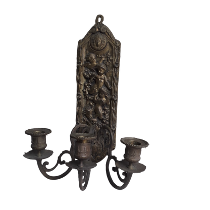 Antique wall mounted bronze candle holder with cherubs, French antique candle sconce
