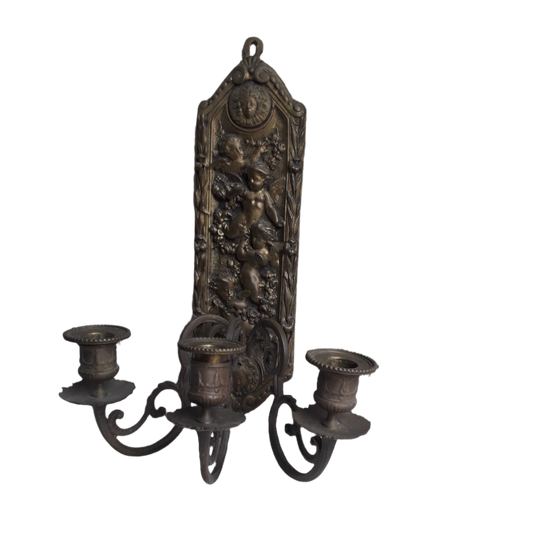 Antique wall mounted bronze candle holder with cherubs, French antique candle sconce