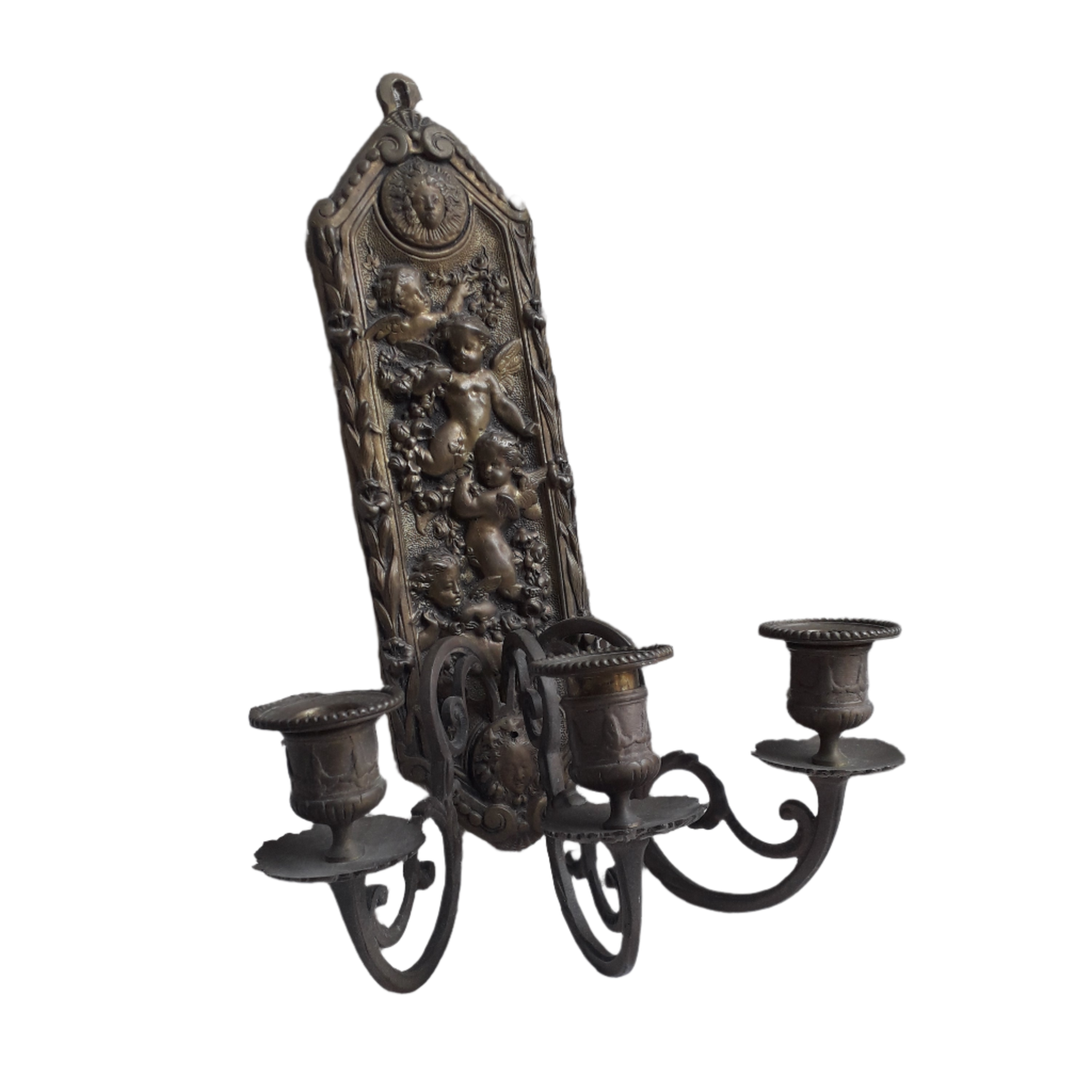 Antique wall mounted bronze candle holder with cherubs, French antique candle sconce