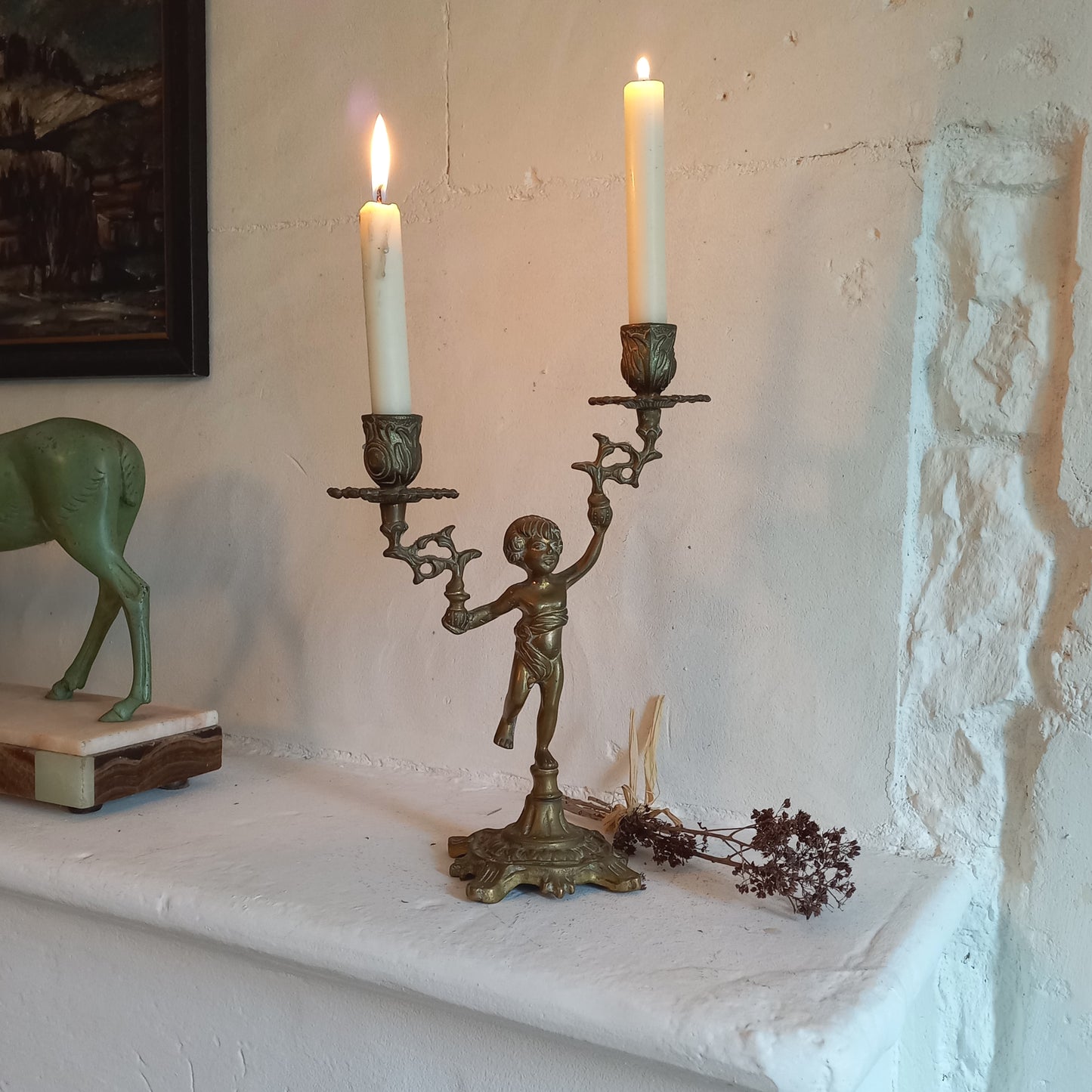 Vintage brass cherub double candlestick holder
