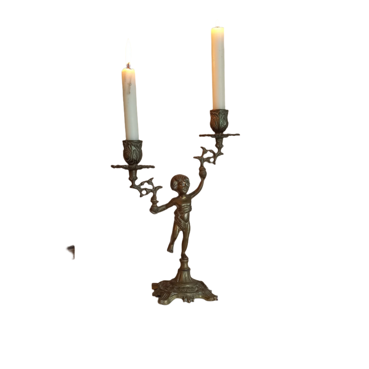 Vintage brass cherub double candlestick holder