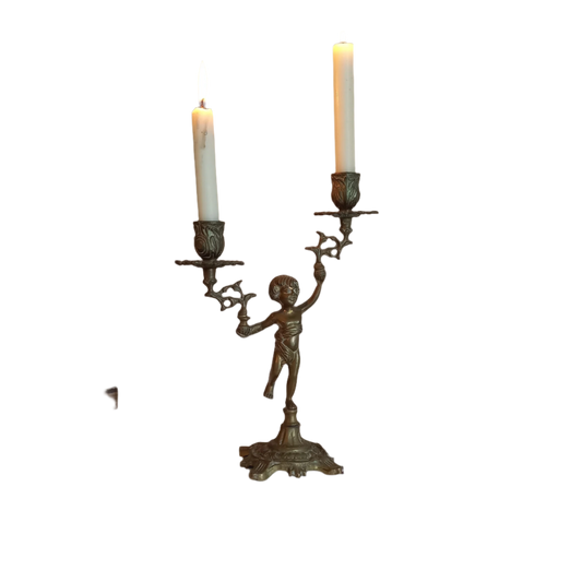 Vintage brass cherub double candlestick holder