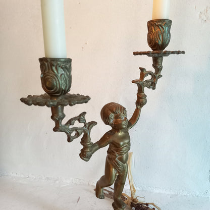 Vintage brass cherub double candlestick holder