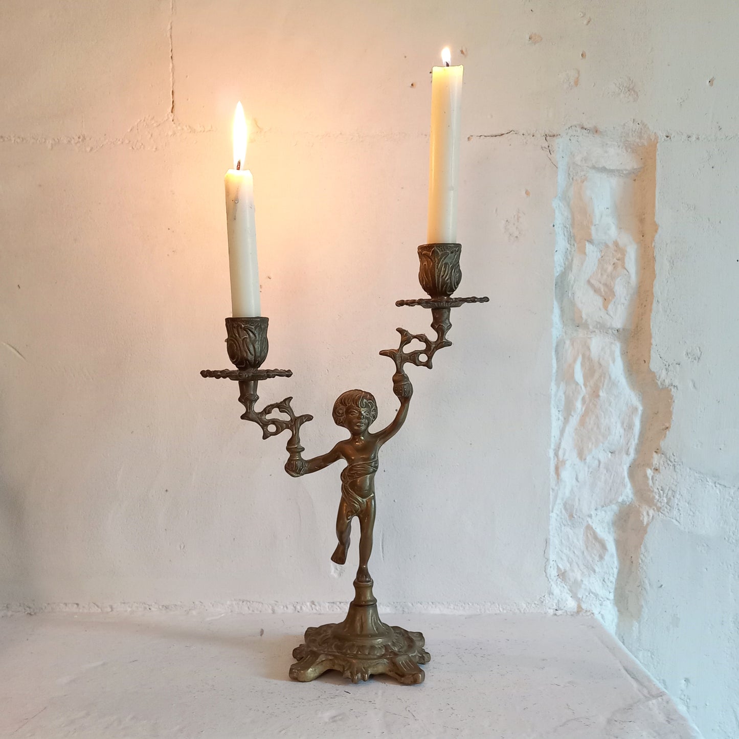 Vintage brass cherub double candlestick holder