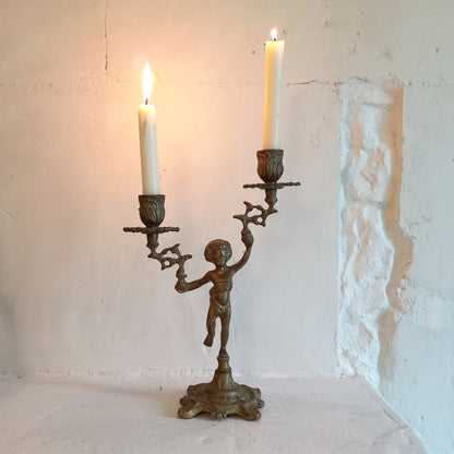 Vintage brass cherub double candlestick holder