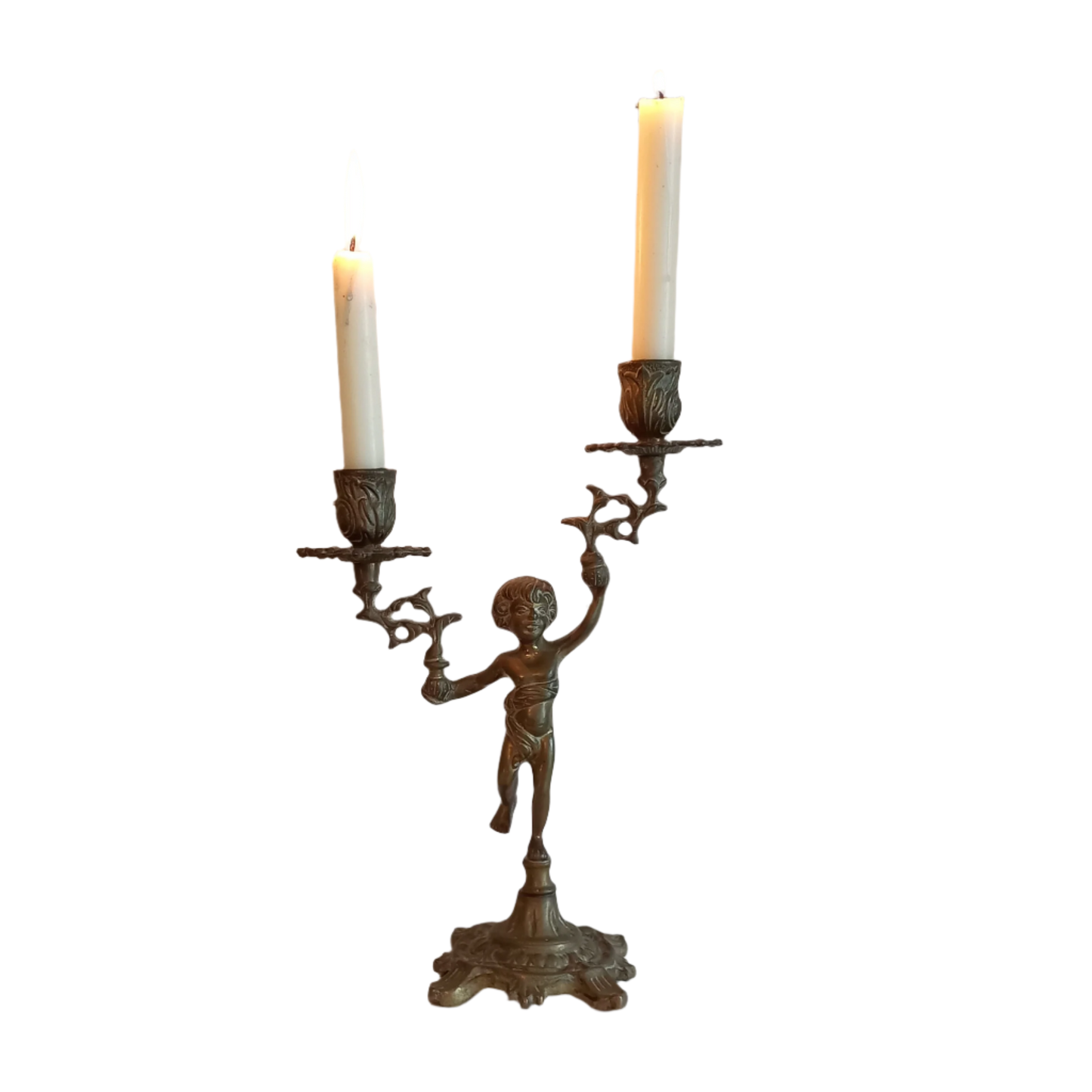Vintage brass cherub double candlestick holder