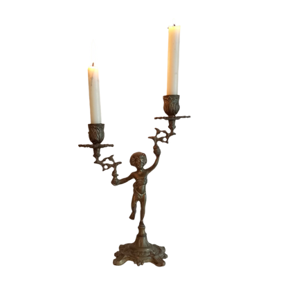 Vintage brass cherub double candlestick holder