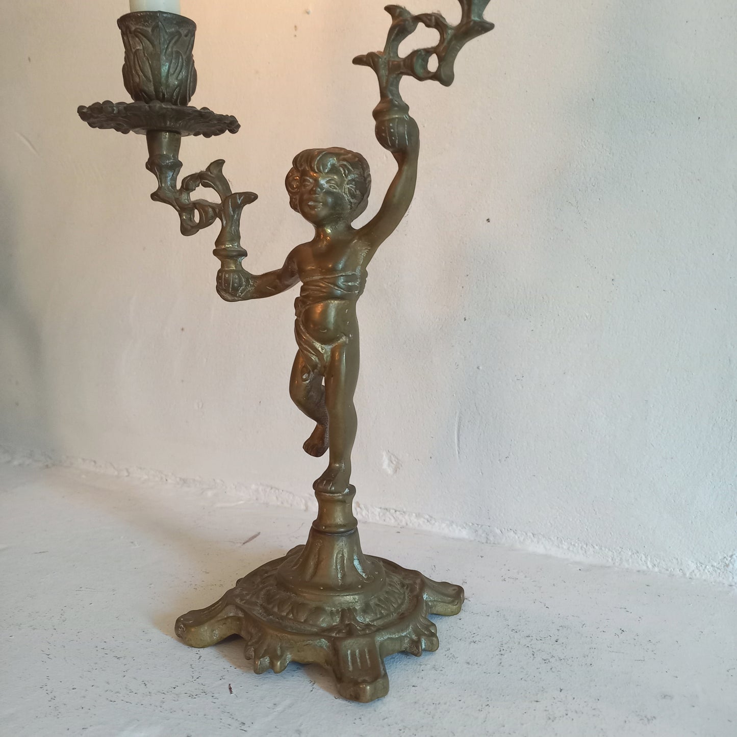 Vintage brass cherub double candlestick holder