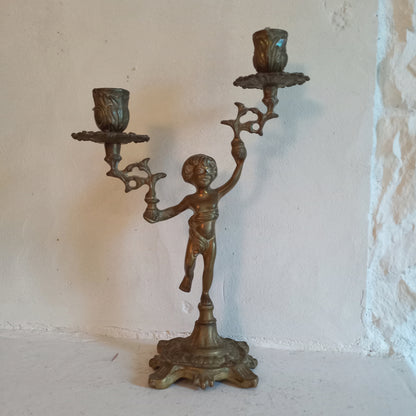 Vintage brass cherub double candlestick holder