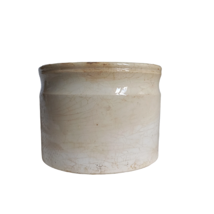 French antique white ironstone crock or jam pot stained and crazed