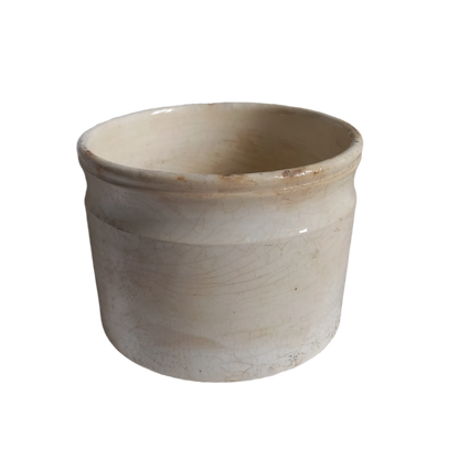 French antique white ironstone crock or jam pot stained and crazed