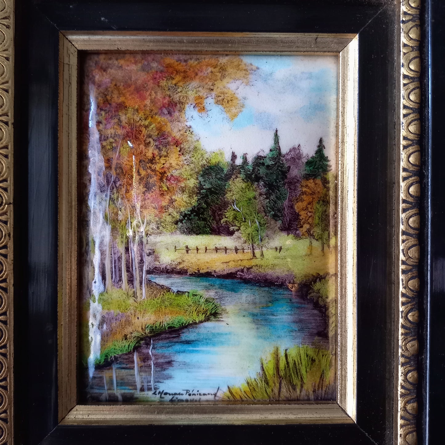 French vintage hand made enamel landscape painting wall hanging signed by artist