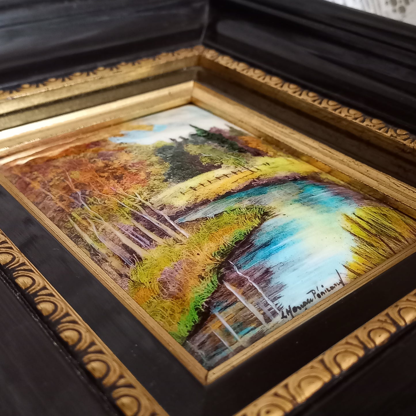 French vintage hand made enamel landscape painting wall hanging signed by artist