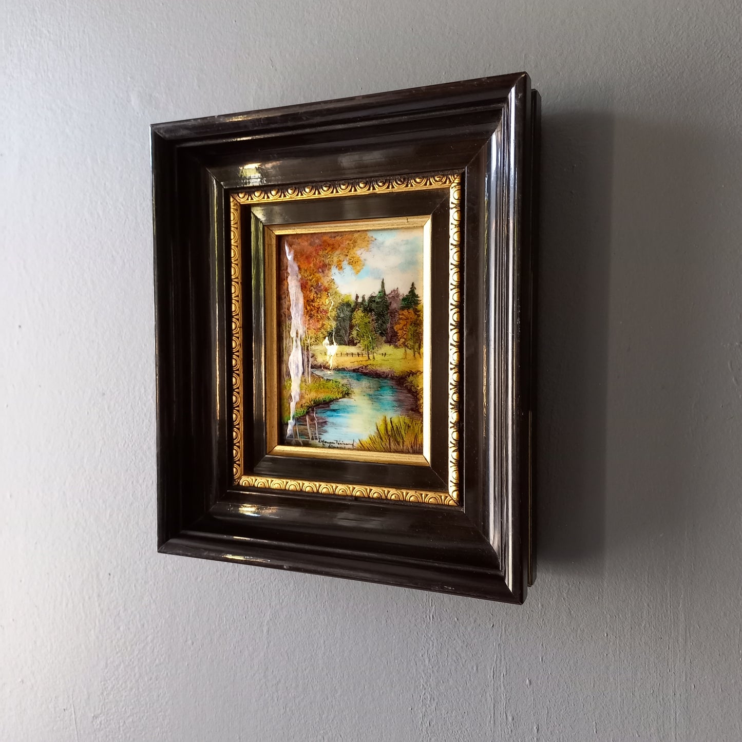 French vintage hand made enamel landscape painting wall hanging signed by artist