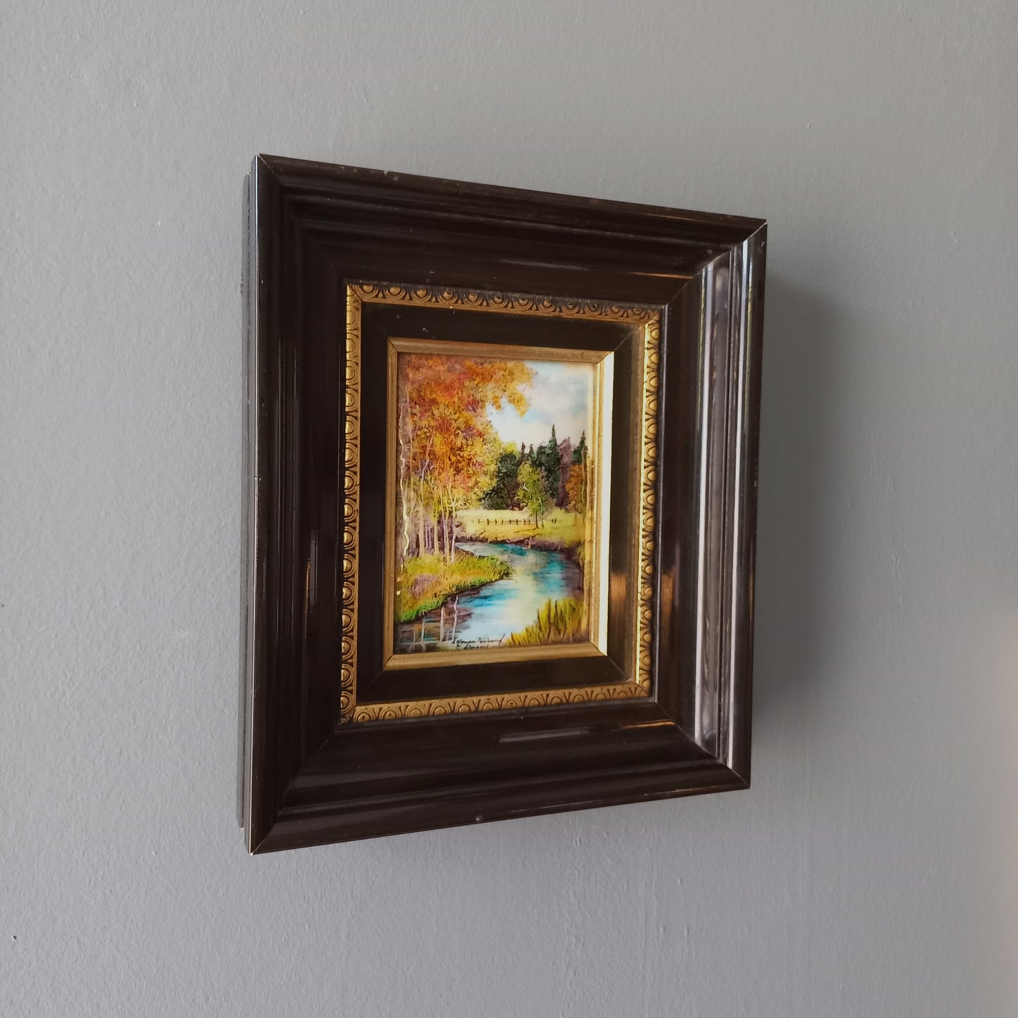 French vintage hand made enamel landscape painting wall hanging signed by artist