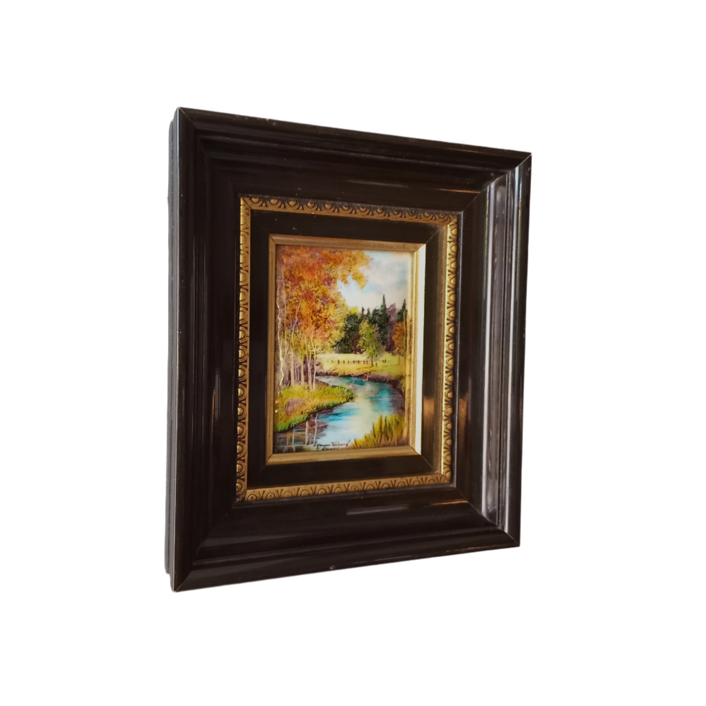 French vintage hand made enamel landscape painting wall hanging signed by artist