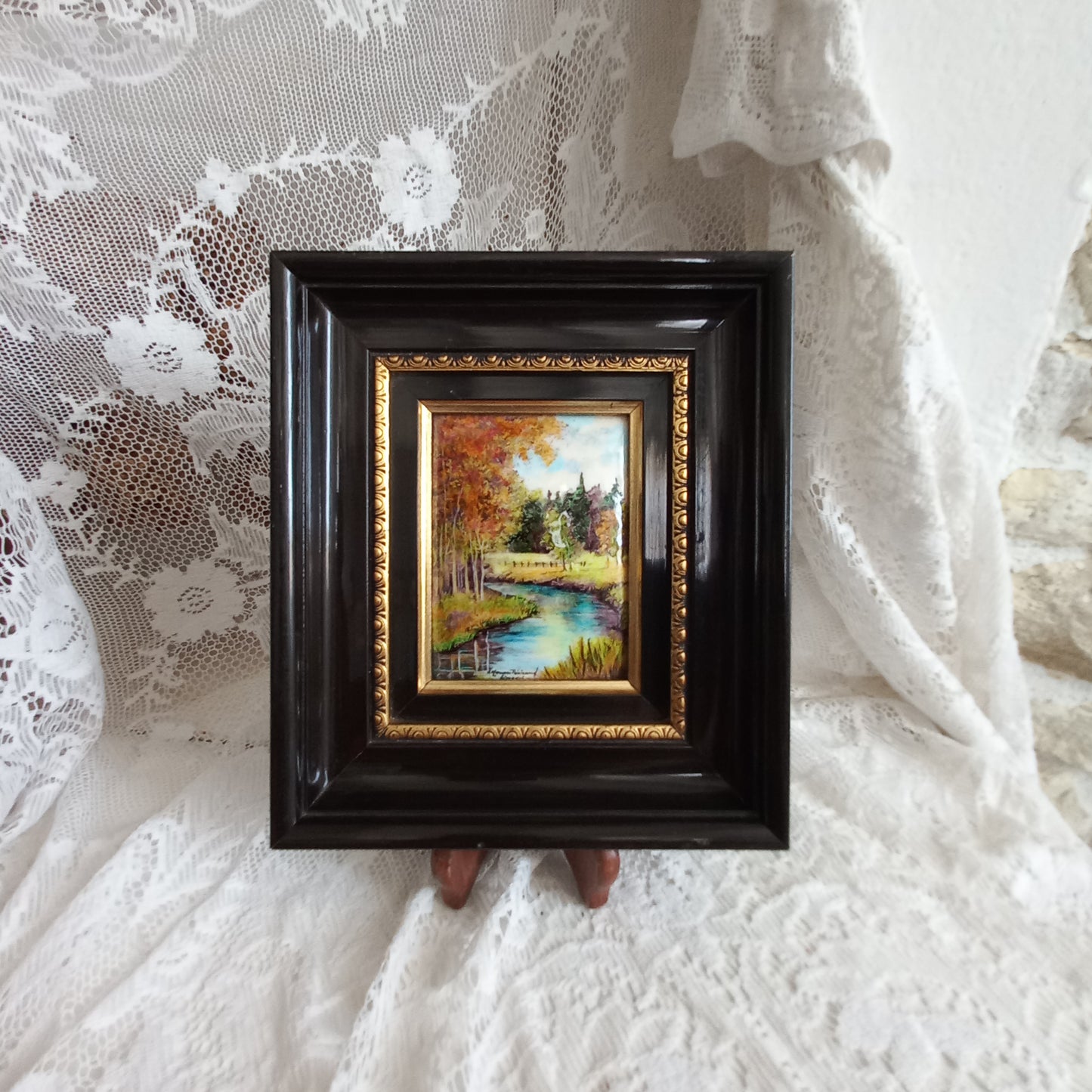 French vintage hand made enamel landscape painting wall hanging signed by artist