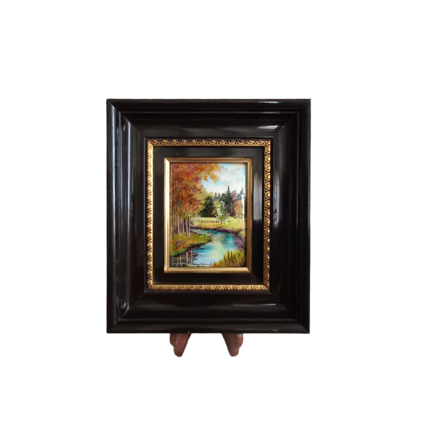 French vintage hand made enamel landscape painting wall hanging signed by artist