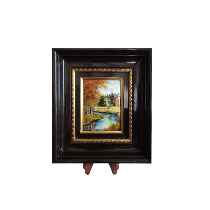 French vintage hand made enamel landscape painting wall hanging signed by artist