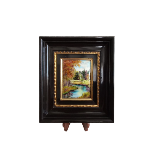 French vintage hand made enamel landscape painting wall hanging signed by artist