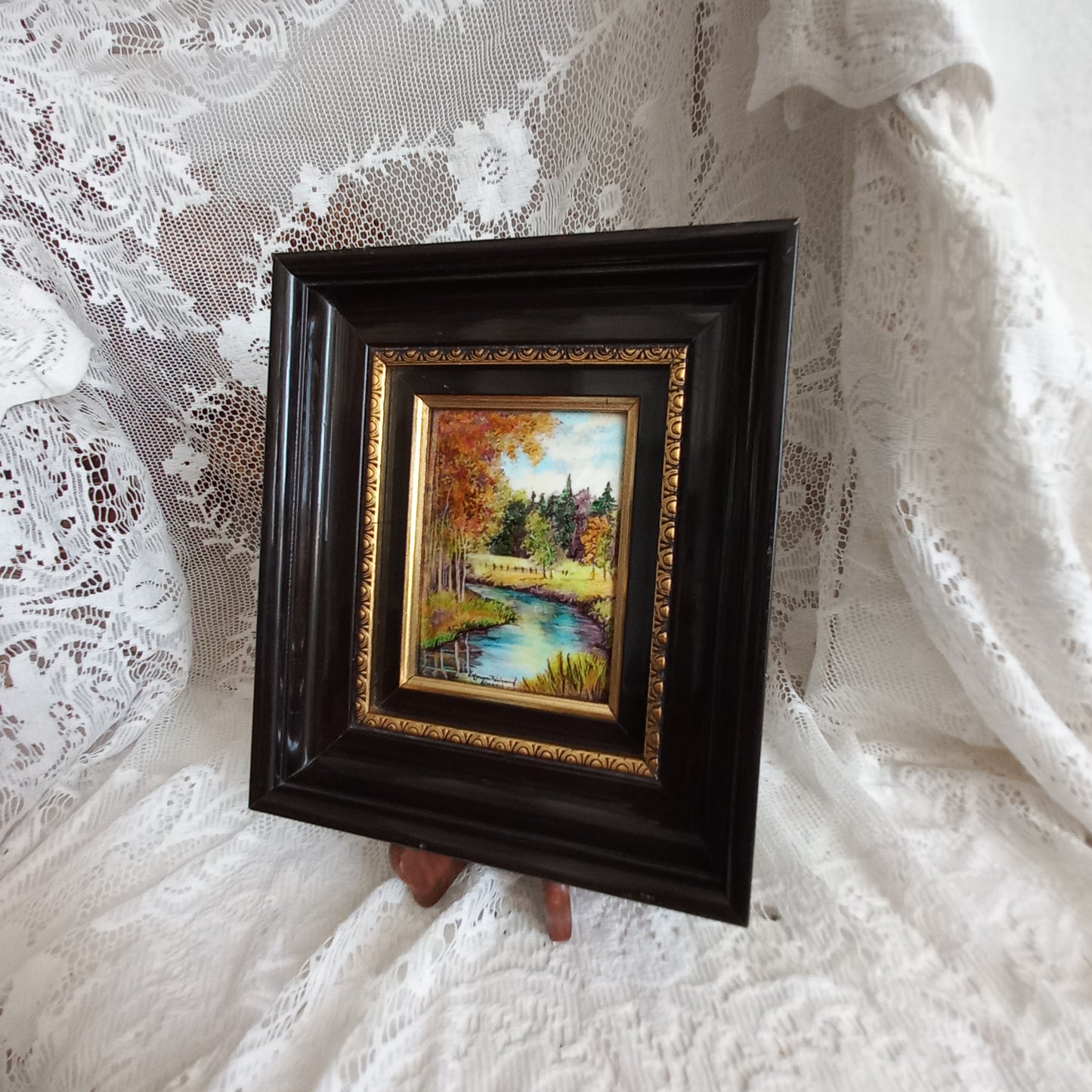French vintage hand made enamel landscape painting wall hanging signed by artist