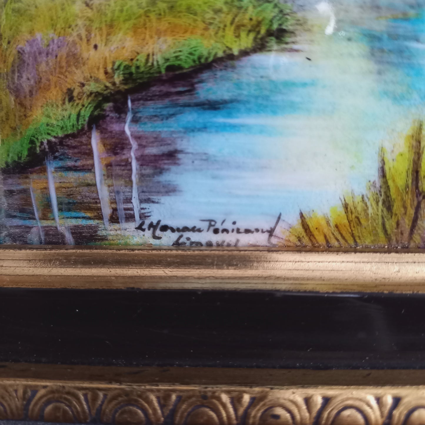 French vintage hand made enamel landscape painting wall hanging signed by artist
