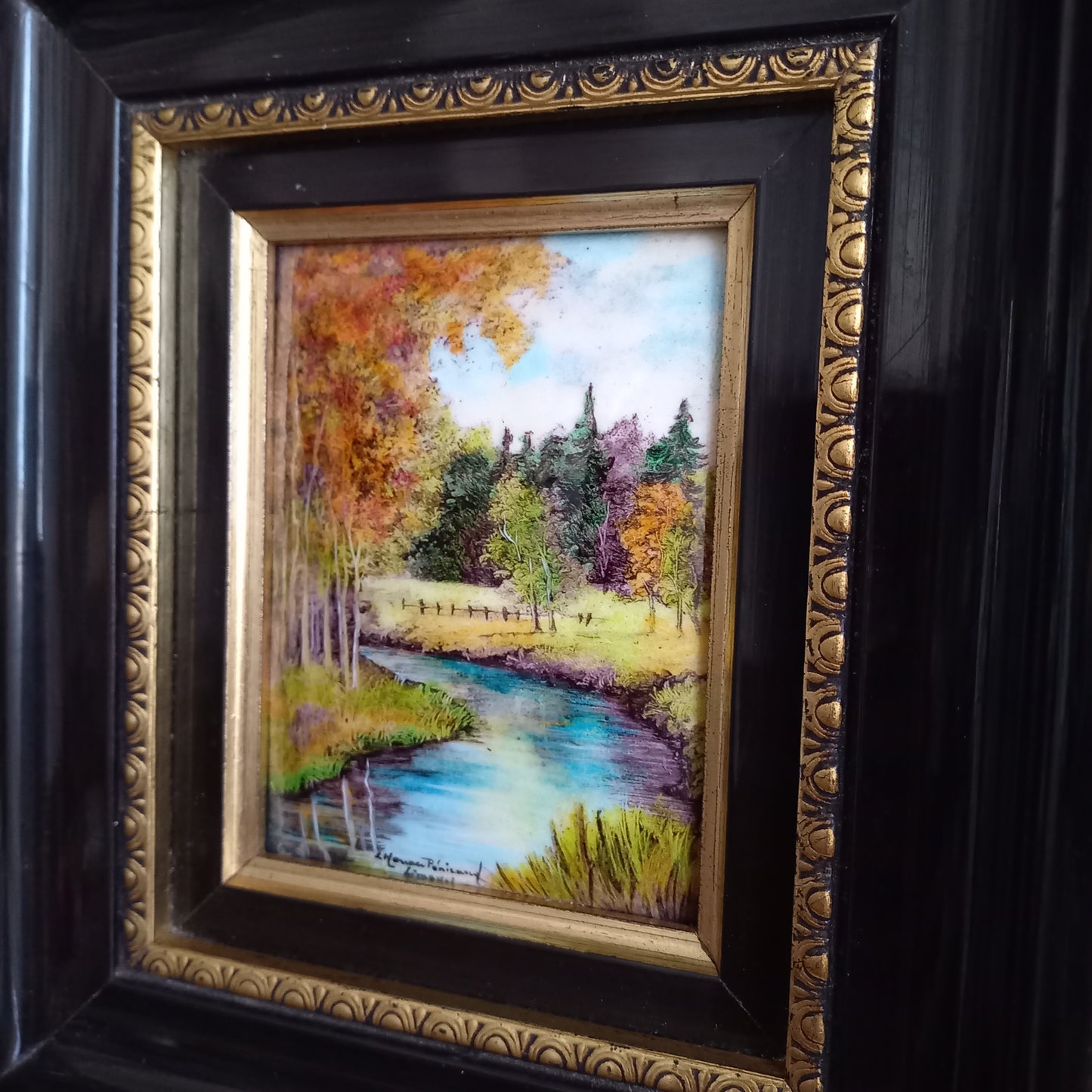 French vintage hand made enamel landscape painting wall hanging signed by artist