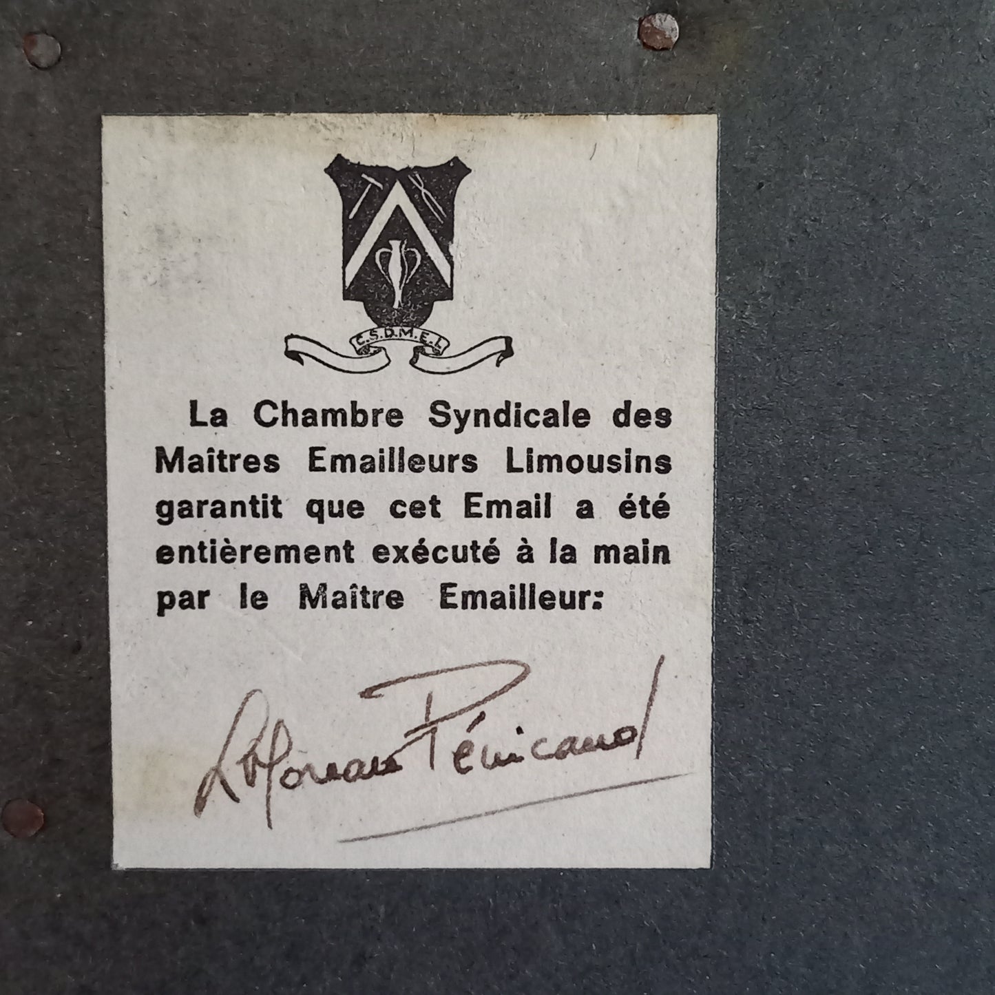 French vintage hand made enamel landscape painting wall hanging signed by artist