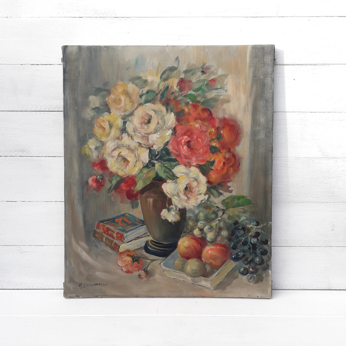 Vintage floral oil painting on stretched canvas