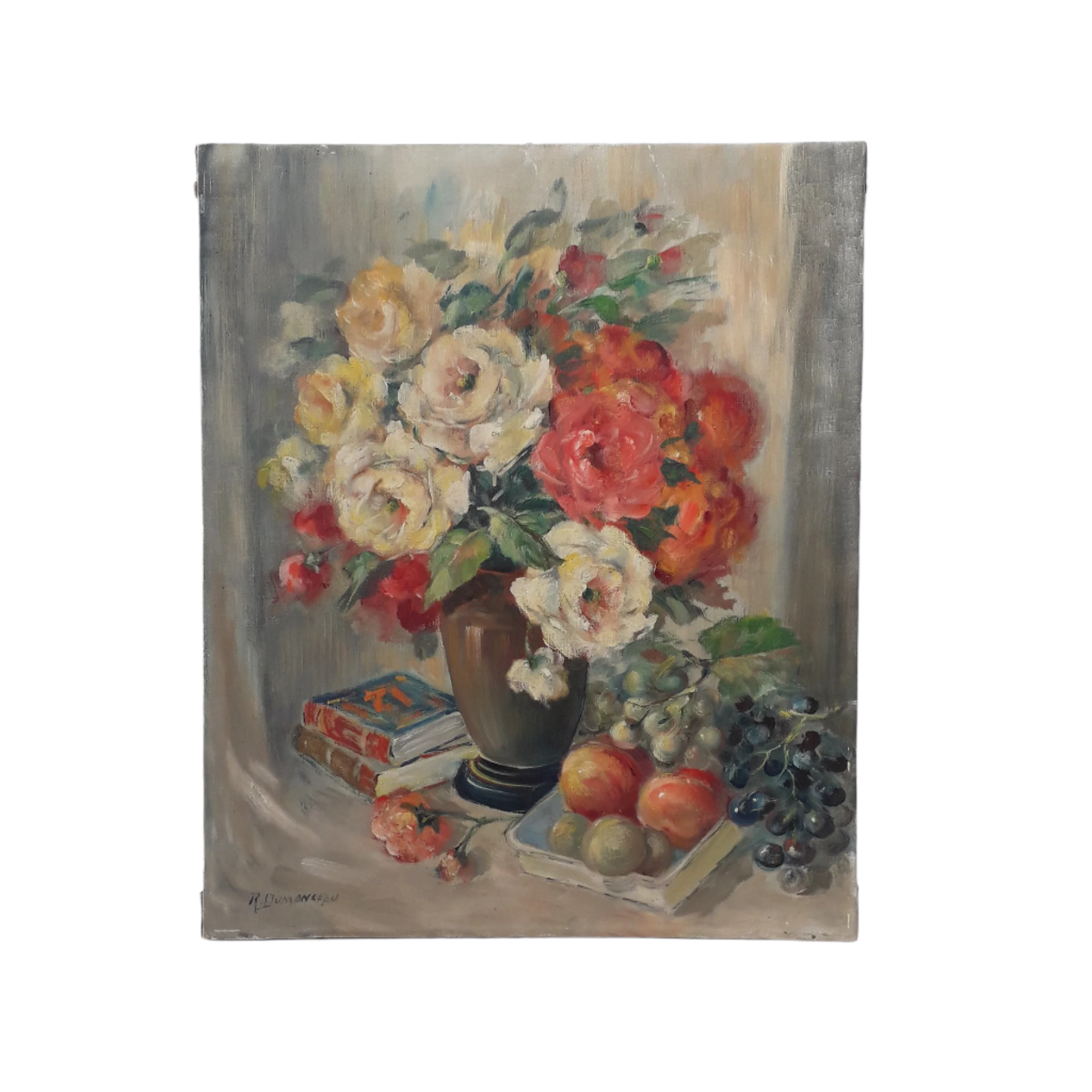 Vintage floral oil painting on stretched canvas, Belgian antique flower still life painting