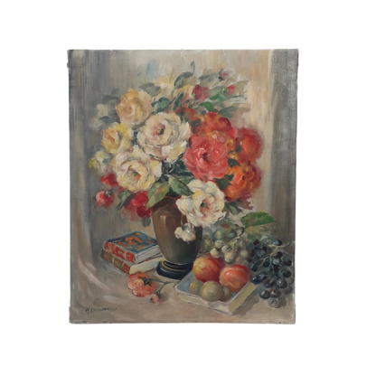 Vintage floral oil painting on stretched canvas, Belgian antique flower still life painting