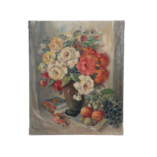 Vintage floral oil painting on stretched canvas, Belgian antique flower still life painting