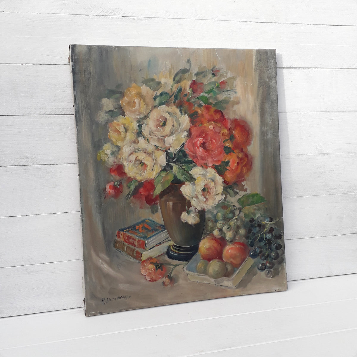 Vintage floral oil painting on stretched canvas