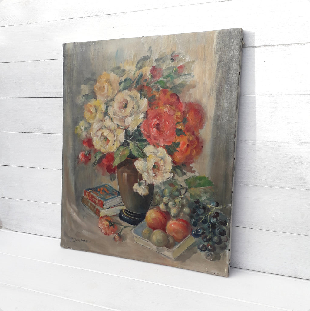 Vintage floral oil painting on stretched canvas