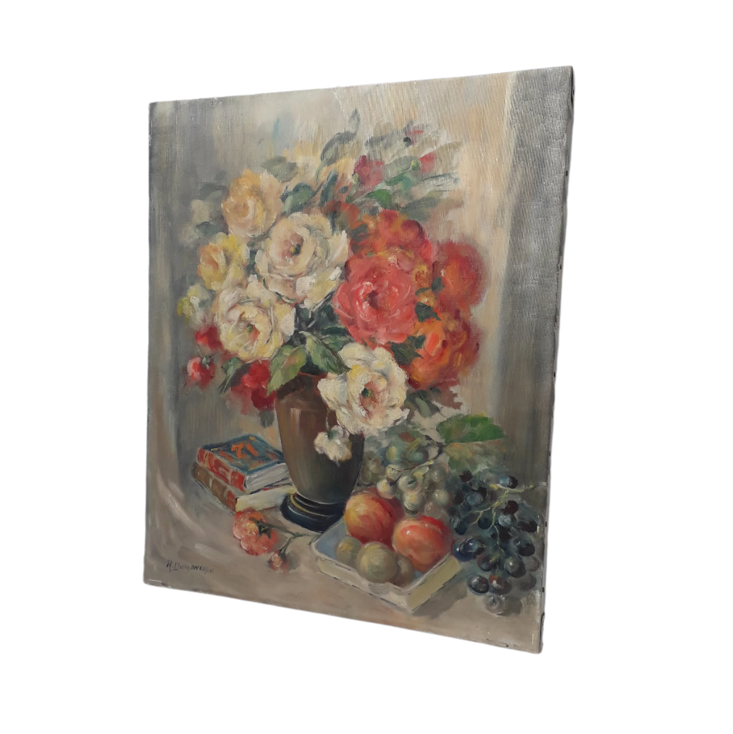 Vintage floral oil painting on stretched canvas, Belgian antique flower still life painting