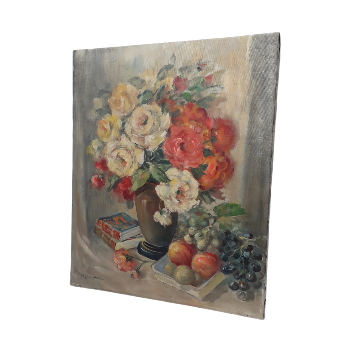 Vintage floral oil painting on stretched canvas
