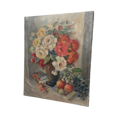 Vintage floral oil painting on stretched canvas, Belgian antique flower still life painting