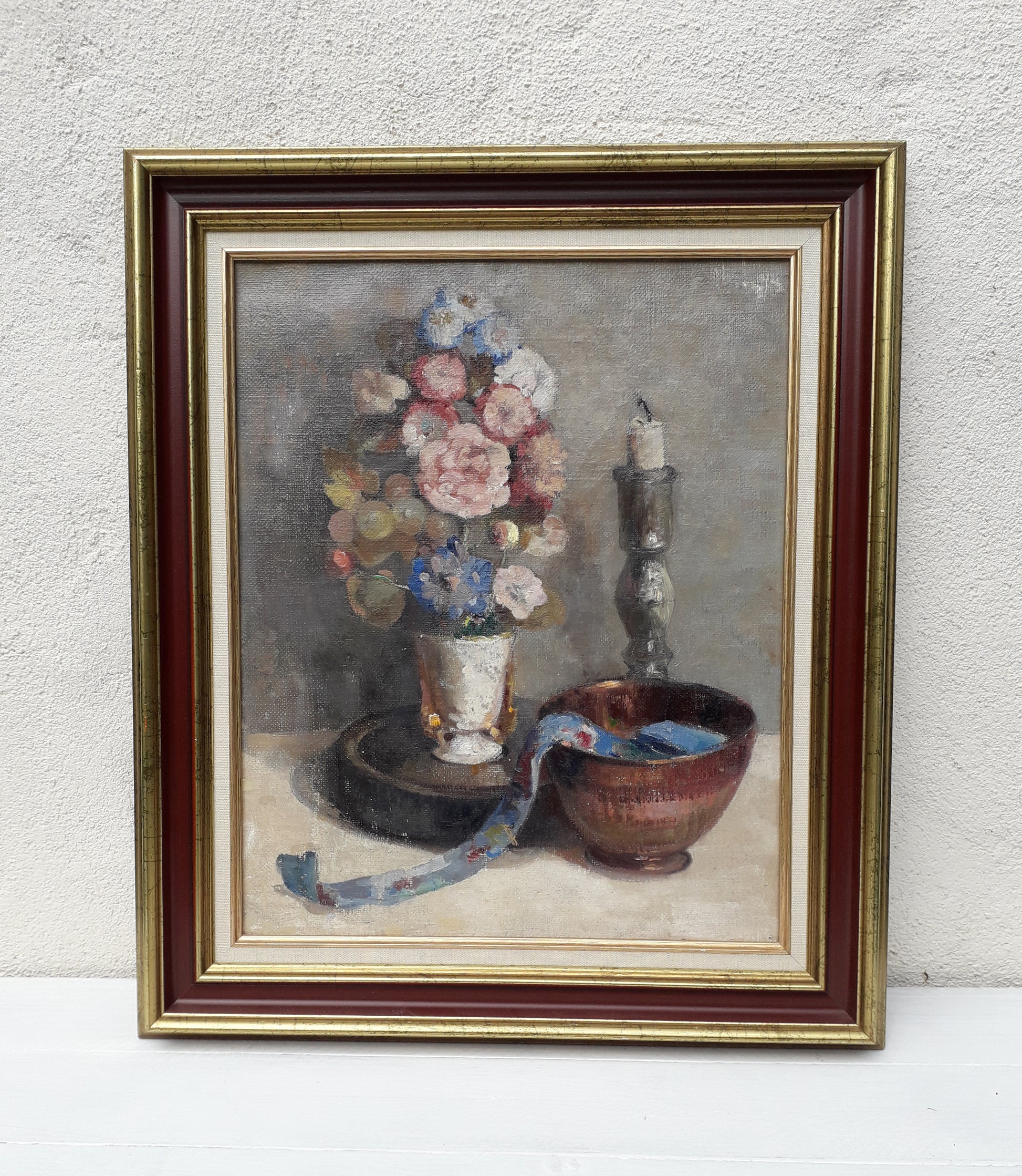 Original large French vintage/antique still life painting on canvas created with confident, thick oil paint and presented within a suitable although more modern frame - a beautiful piece of original art. On the back of the canvas frame someone has written 'Denis Bruneau ou Brunaud', so I assume he's the artist although I cannot see a signature to confirm this. In summary a really beautiful piece of original art bought at a French auction.